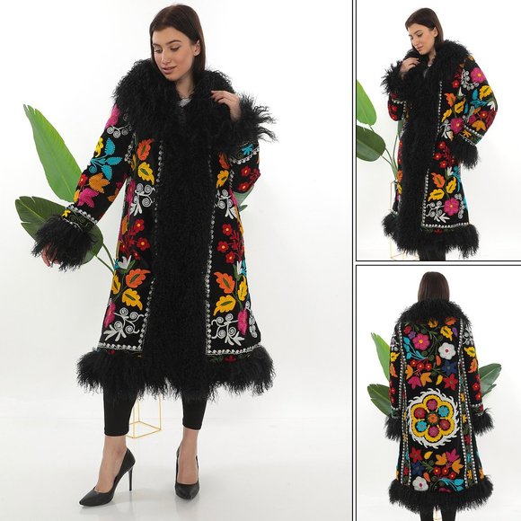 Shearling Trimmed Vintage Coat, Almost Famous 1970s, Boho Fashion, Suzani Coat, - Picture 4 of 5